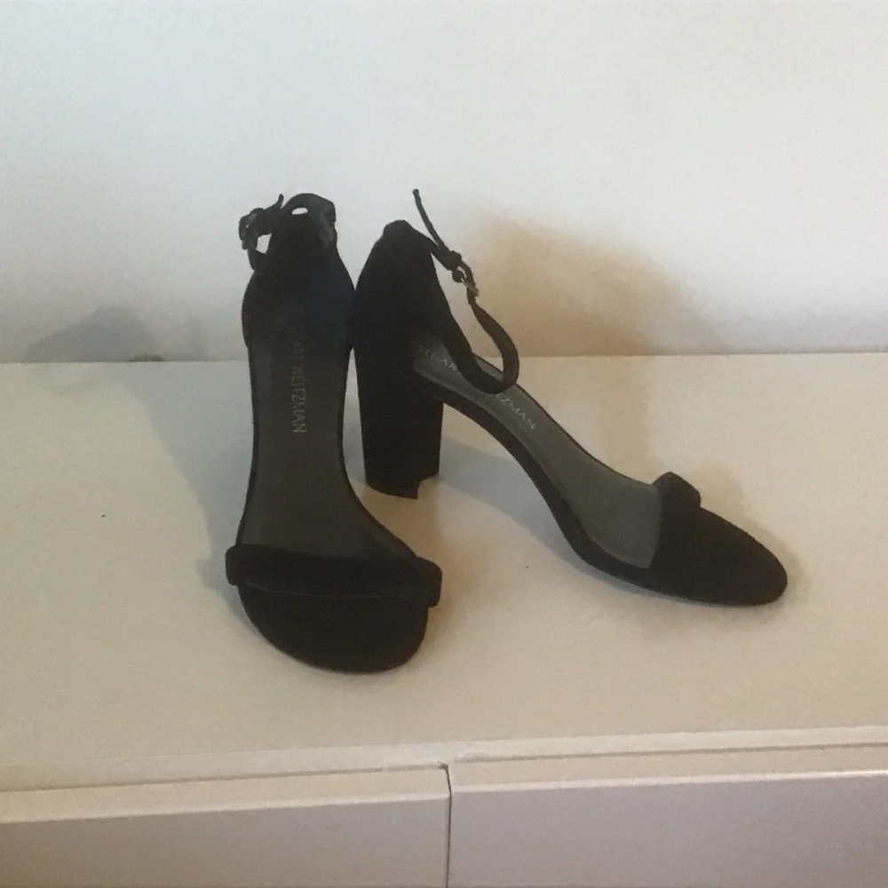 Stuart Weitzman Black Suede Leather Nearlynude Nudist‎ 3” Block Heels Shoes 7.5